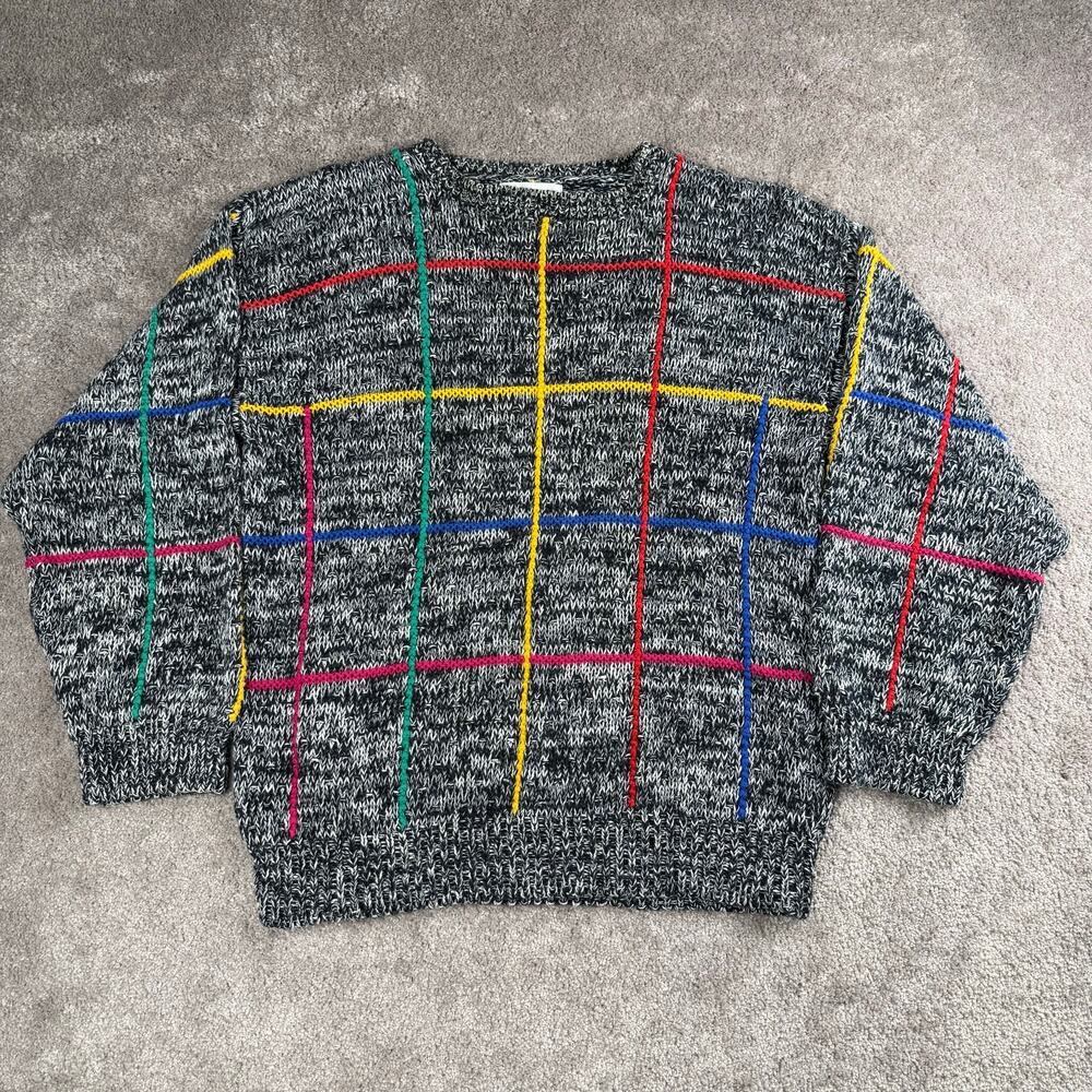 Vintage E.Z. Spirit Black White Knit Grid Sweater Size M Primary 90s Skate